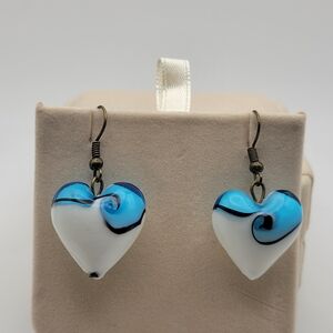 Blue and White Glass Heart Earrings
